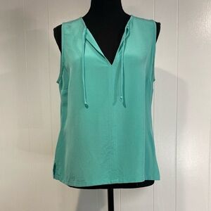 Louben Top Tank Sleeveless Chic Lux Shimmer V-Neck Teal Coastal Size Medium